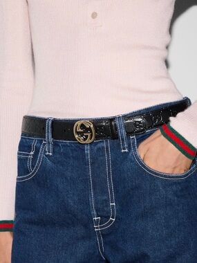 Gucci Black GG-Embossed Leather Belt with Gold Double G Buckle